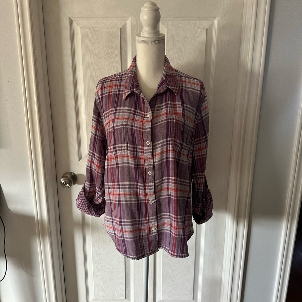 Plaid Button-Up Women's Top - Purple and Red XL Riders by Lee. EUC - Picture 2 of 6
